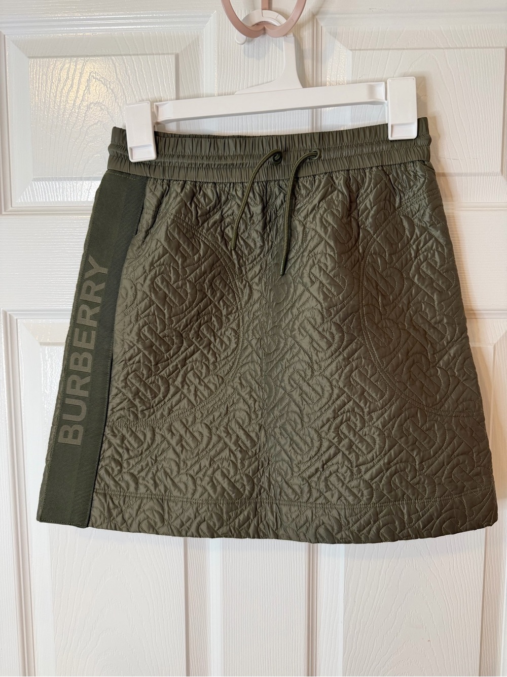 Burberry Selena Quilted Olive A-Line Skirt with Logo Panel